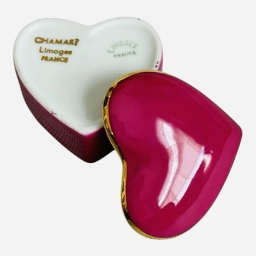 Vintage Chamart Limoges France Heart Trinket Box Pink Gold Trim 2